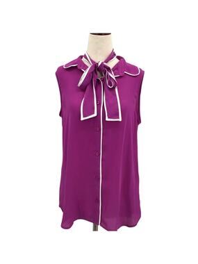 DKNY SZ S purple white trim color block collard sleeveless top blouse 0b5
